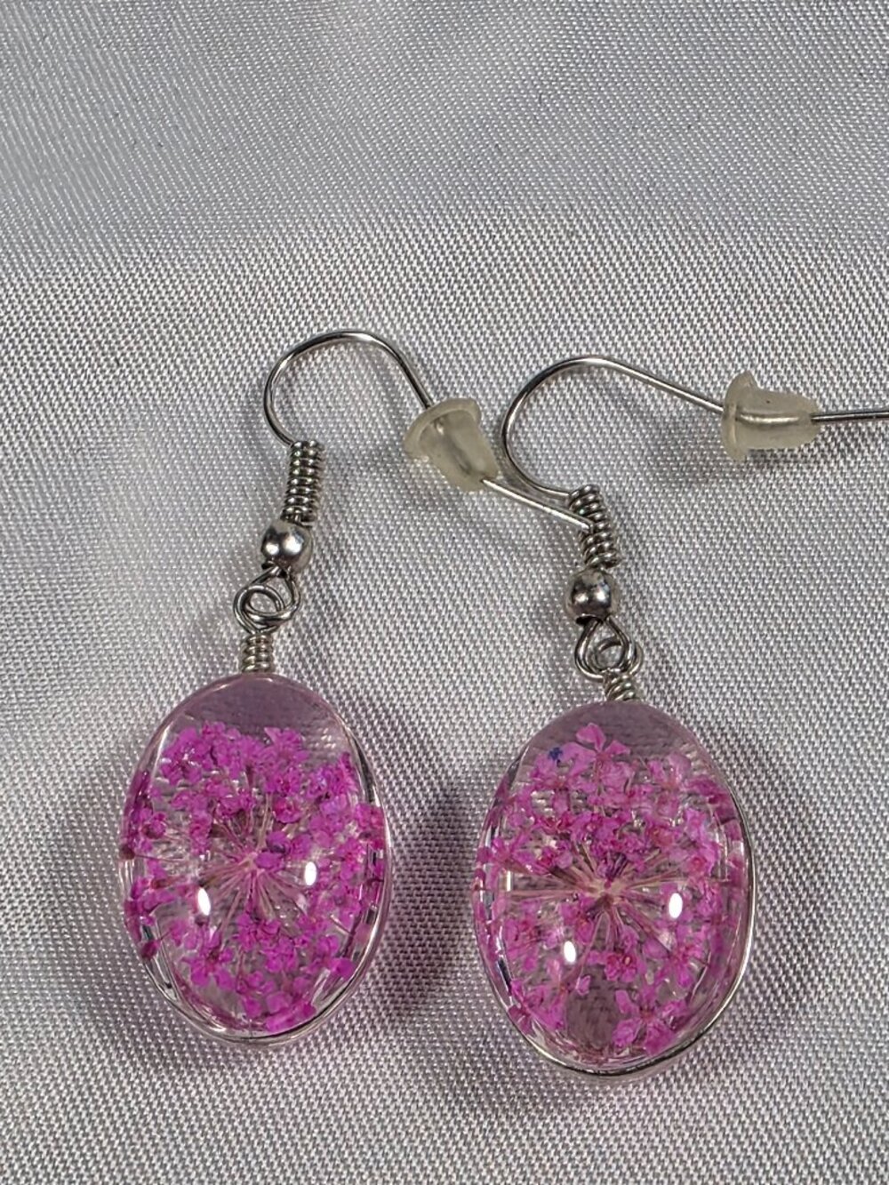 Pink Resin Flower Dangle Earrings Real Dried Flowers in Oval Resin Pendant